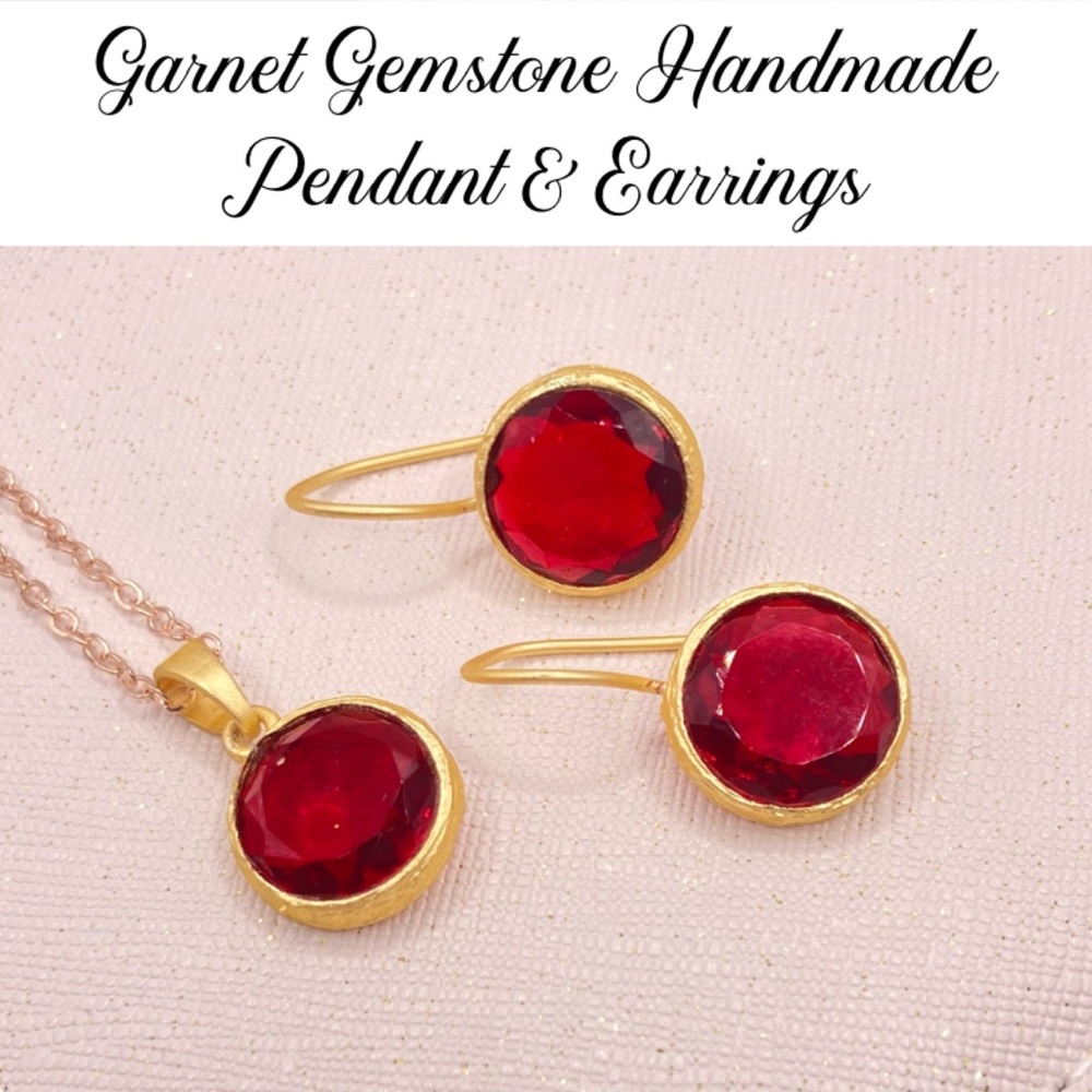 Garnet Gemstone Handmade Pendant & Earrings